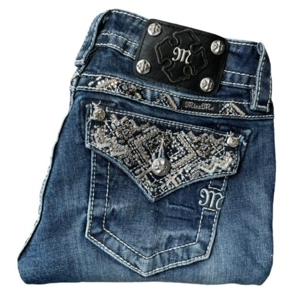 Miss Me Denim - MISS ME Jewel Embellished Distressed Signature Bootcut Jeans - Size 25